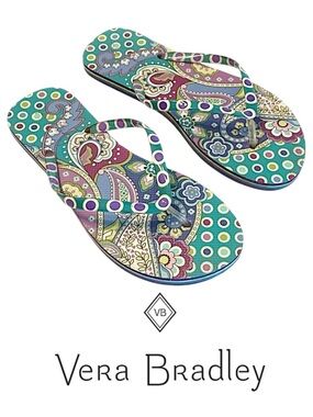 Vera Bradley Blue Island Medallion Polka Dot Flip Flops Colorful Preppy Paisley